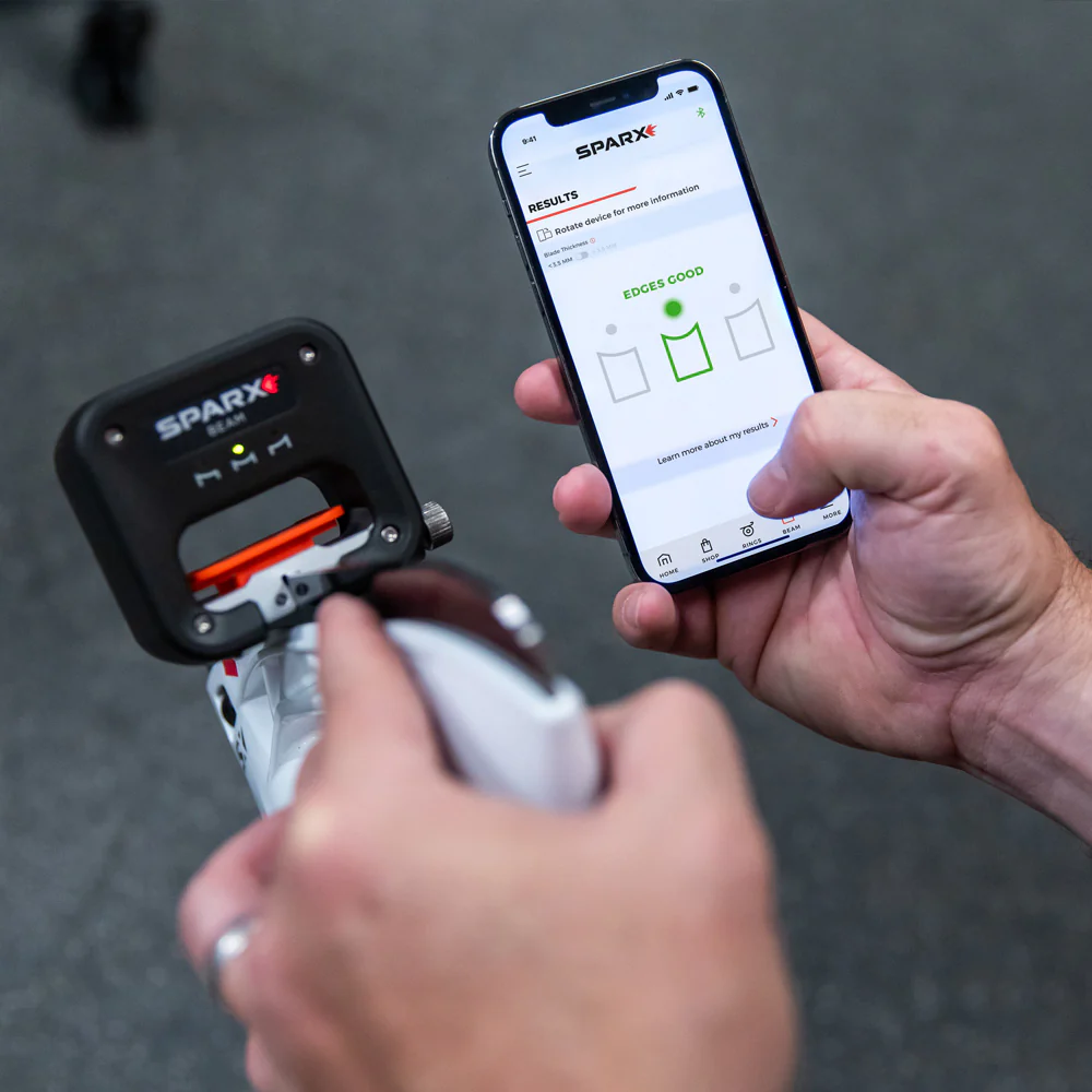 Sparx BEAM laser edge measurement device with the Sparx mobile app showing edges are good
