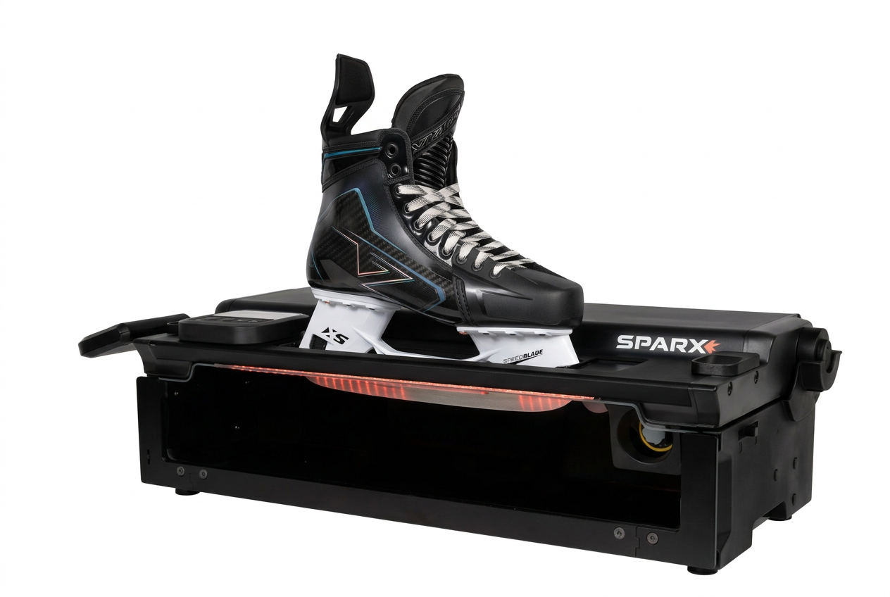 Sparx Generation 3 skate sharpener with a CCM Vizion hockey skate